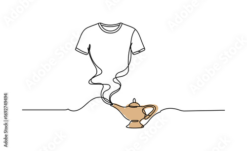 Wishful Tee Design: A line art style depicts a genie lamp conjuring a t-shirt, symbolizing wishes, and fashion.