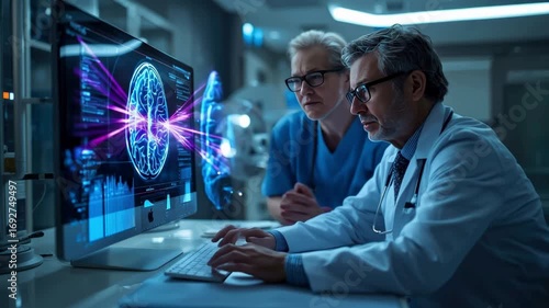Doctors Examining Brain Scan on Computer, Medical Technology and Research