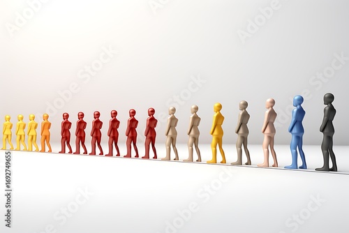 Colorful line of stylized human figures representing diversity and unity in a minimalist setting
