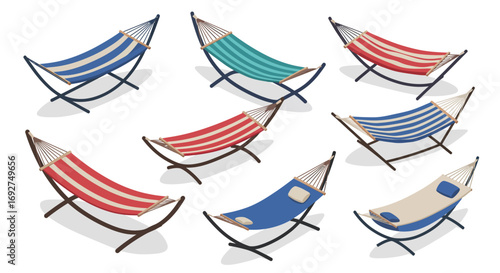 Colorful relaxation hammocks on white background with variety of designs