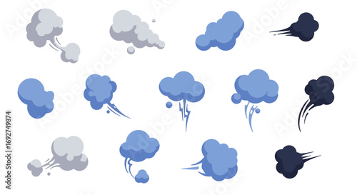 Collection of cartoon style cloud and smoke icons with lightning elements