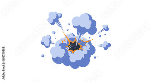 Dynamic cartoon explosion with blue clouds and orange sparks