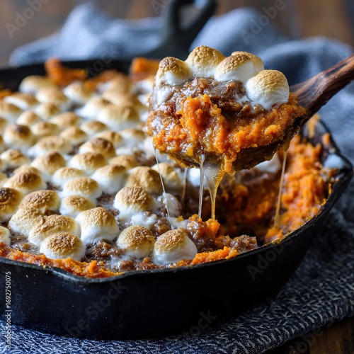Close-up of classic sweet potato casserole with toasted marshmallow topping in cast iron skillet. Gooey, delicious texture, comfort food.