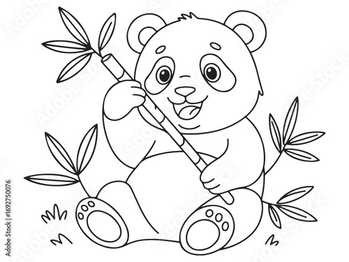 Line-Art Illustration of a Panda with Bamboo Leaves in a Wildlife Setting.