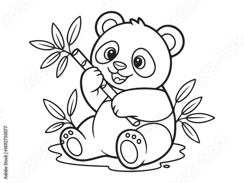 Adorable Panda Sitting with Bamboo Stick Surrounded by Leaves in a Playful Scene.