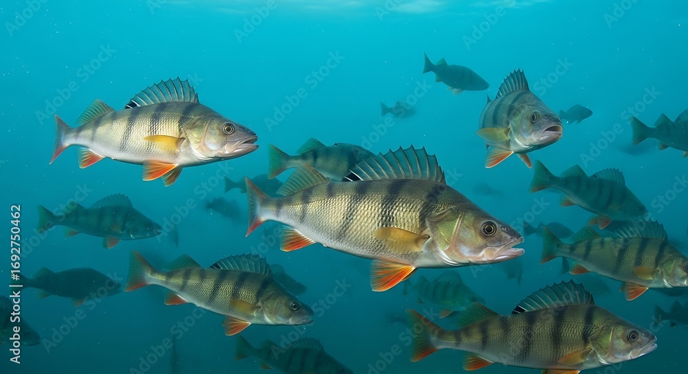 Fototapeta premium School of Perch Fish Underwater.