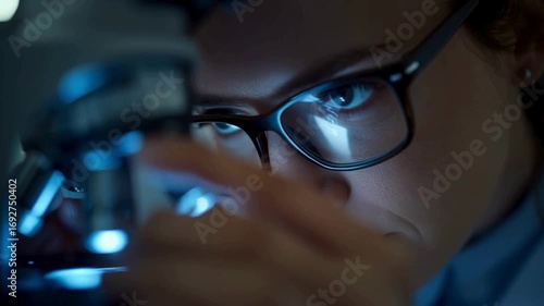 Focused Female Scientist Using a Microscope in a Laboratory
