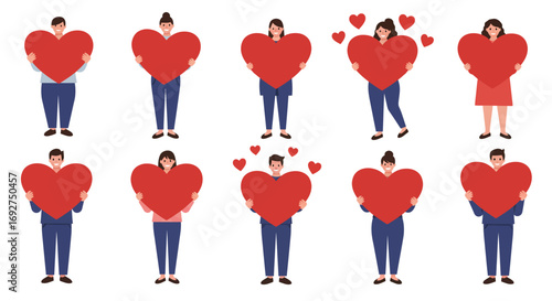 Diverse characters holding hearts in a cartoon style for valentine's day or love concepts
