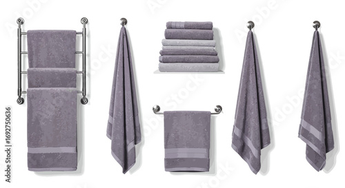 Elegant purple bath towels hanging on rack and shelf in minimalist bathroom setting