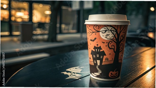 Disposable Halloween coffee cup with moon, haunted house, bats, and pumpkins, placed on outdoor table with blurred evening lights.
