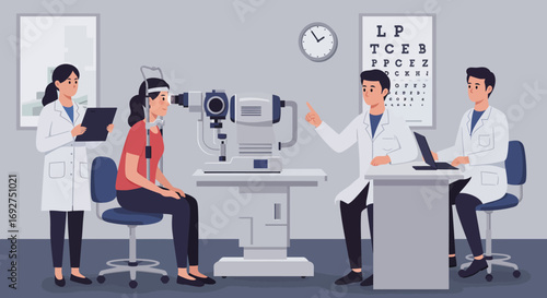 Modern optometry clinic scene with eye exam and medical professionals in flat design