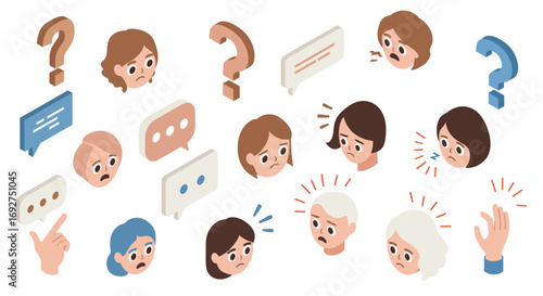 Isometric illustrations of facial expressions and conversations with question marks