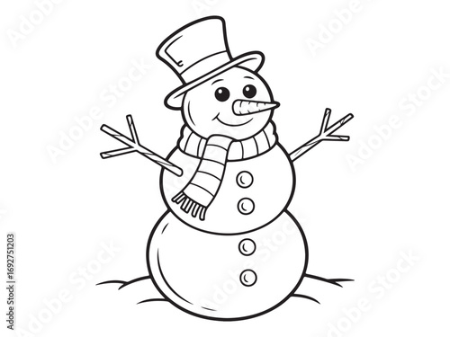 Line-Art Snowman in a Festive Winter Wonderland with Scarf and Top Hat.