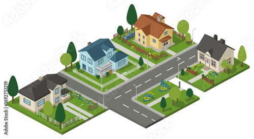 Charming isometric neighborhood scene featuring colorful houses and lush gardens