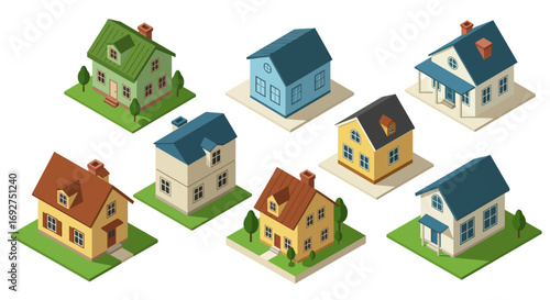 Charming isometric houses collection with various roof styles and colors