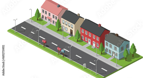 Charming isometric suburban street with colorful houses and greenery