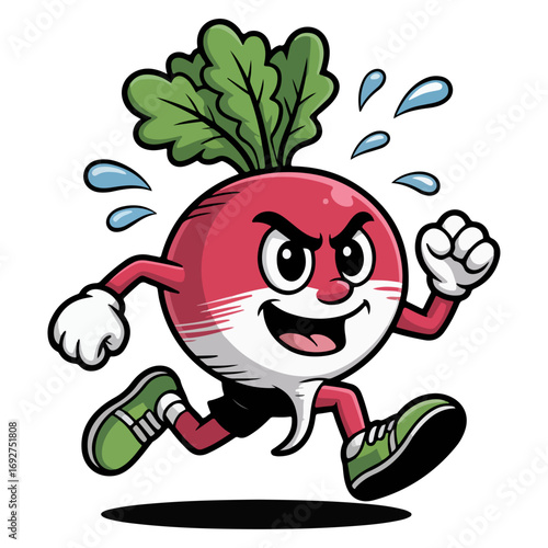 Energetic Radish Mascot Racing: A cheerful radish character sprints with joyful expression, leaving a trail of sweat in this cartoon illustration, celebrating health and vibrant living.