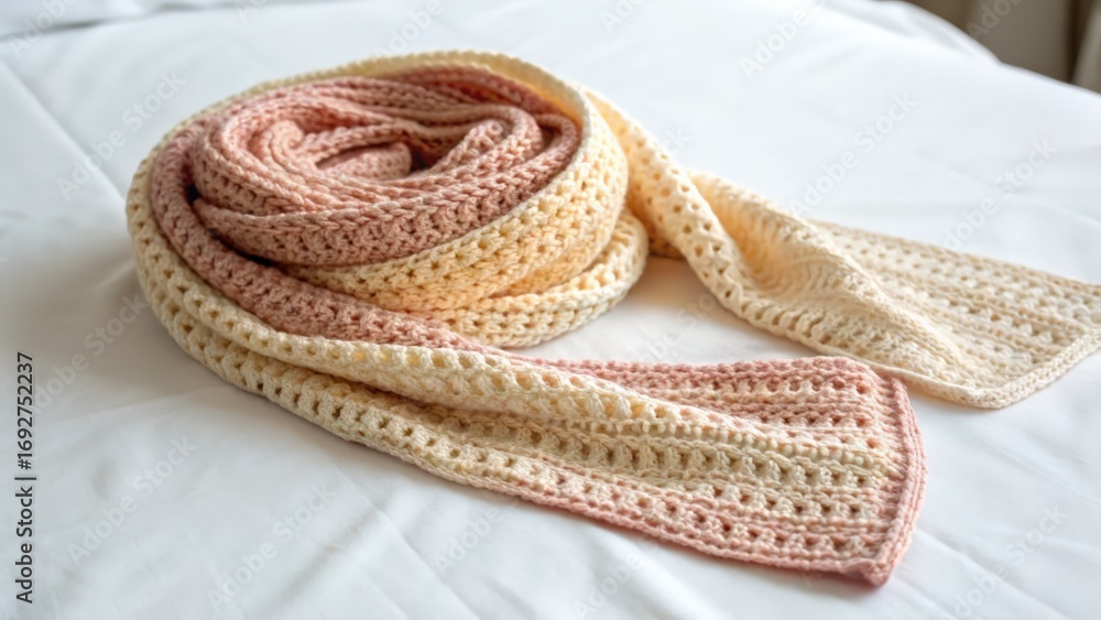 Fototapeta premium Handcrafted crochet scarf in warm pastel tones for fashion accessories