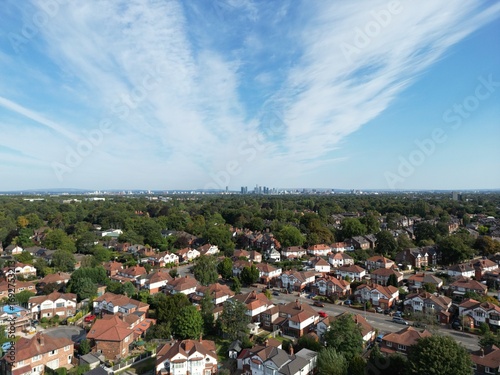 Aerial view of Didsbury in South Manchester England with views towards Manchester skyline. 
