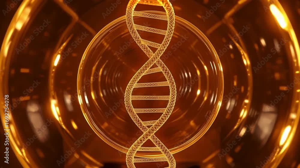Glowing DNA Double Helix in Abstract Amber Tunnel