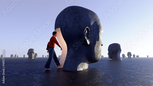 Canvas Print 3d render of a man walking into a large head facing toward the sun