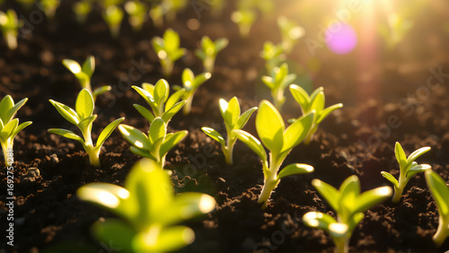 Close-up of new crop sowing. Sprouts are breaking through the soil in the rays of the sun