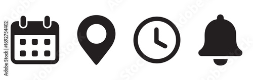 Location, time, calendar and notification bell icons set. Flat simple illustrations of pin, date, clock and bell. vector illustration eps file