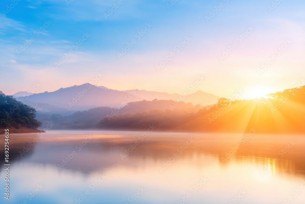 Fototapeta premium Sunrise Symphony: A serene morning scene unfolds as the sun majestically rises, painting the sky with vibrant hues and casting a golden glow upon a tranquil lake.