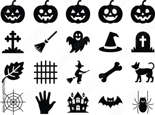 Vector art of set of black halloween icons and symbols