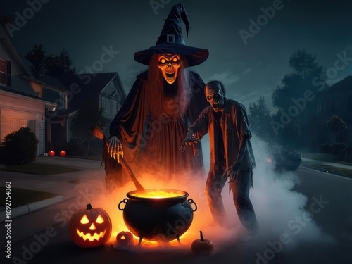 A menacing witch and zombie brew a potion in a cauldron on a Halloween night, suburban setting.
