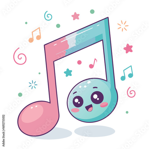 Cute colorful kawaii music note cartoon with happy face and decorations