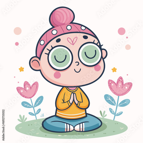 Cartoon girl meditating peacefully with closed eyes in pink and orange colors