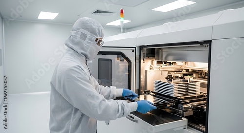 Semiconductor Technician in Cleanroom Loading Wafer into Automated Machine
