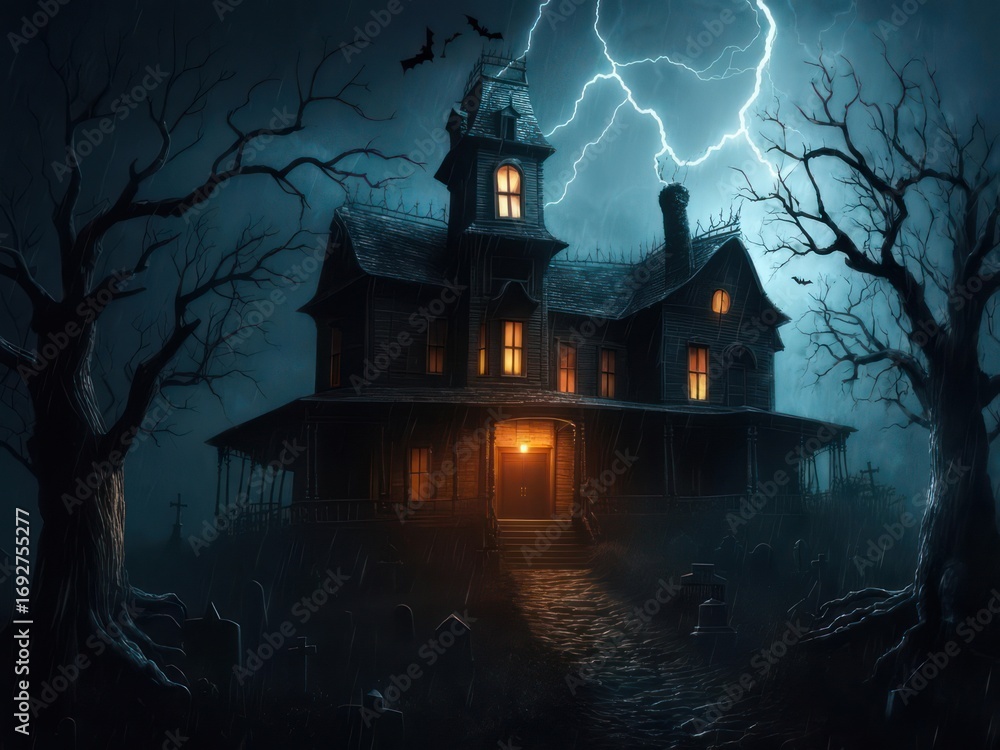 Fototapeta premium A haunted Victorian mansion, illuminated by lightning, stands ominous amidst bare, skeletal trees on a stormy night.