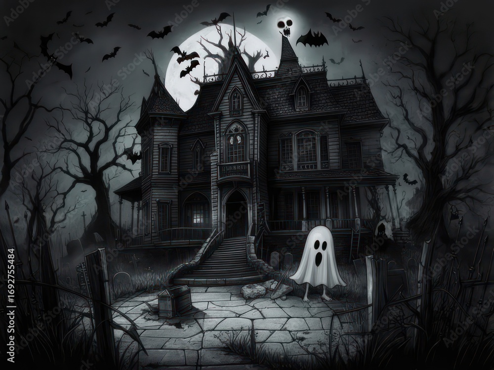 Fototapeta premium A spooky, haunted house at night, surrounded by dark trees and a ghostly figure.