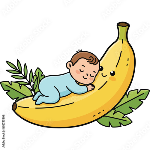 Sweet cartoon illustration with a baby sleeping in a banana, suitable design for baby product packaging, baby care brand or website.