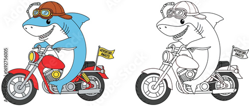 Adventurous Cartoon Shark on Motorcycle - Humorous Vector Art for Travel, Hobbies, and Children's Designs