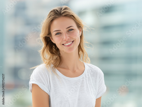 Smiling Young Woman in White T-Shirt Outdoors Free Download Smiling Young Woman in White T-Shirt Outdoors - GFXLoad