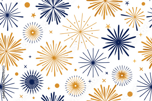 Elegant vector illustration of golden fireworks on a dark blue background. Perfect for festive designs, New Year celebrations, holiday decorations, party invitations, greeting cards, and event posters