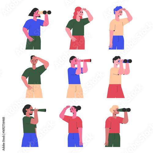 People Character Looking Into Distance with Spyglass and Binocular Vector Set