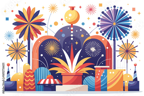 Elegant vector illustration of golden fireworks on a dark blue background. Perfect for festive designs, New Year celebrations, holiday decorations, party invitations, greeting cards, and event posters
