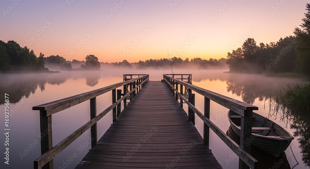 Naklejka premium Sunrise Serenity - Dock on Misty Lake at Dawn.