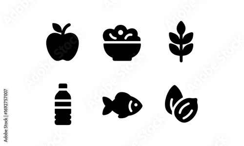 Minimalist icons of health foods and nutrition symbols in black silhouette style