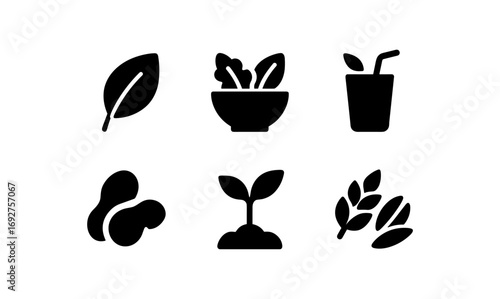 Minimalist icons of healthy living: leaves, salad, smoothie, peanuts, sprout, grains