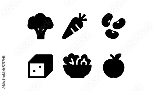 Healthy food icons: broccoli, carrot, beans, tofu, salad, apple in silhouette style