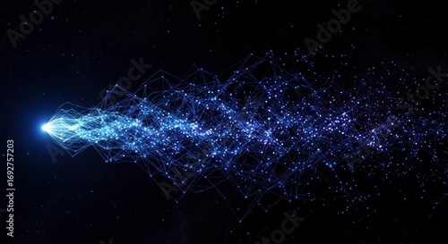 A brilliant blue light source on the left emits numerous glowing lines connecting to a vast network of illuminated blue points expanding across a dark star-filled space