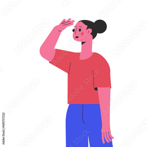 Woman Character Looking Into Distance with Hand at Forehead Vector Illustration