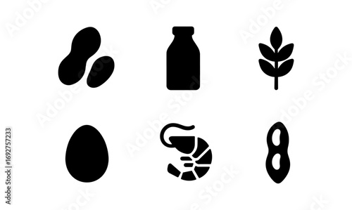 Essential food allergy icons: peanuts, milk, wheat, egg, shrimp, soy in silhouette style
