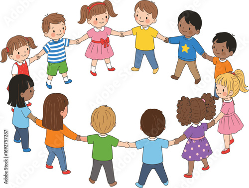 Cartoon children, holding hands, circle formation, friendship, diversity, teamwork, unity, social play, group activity, colorful outfits, smiling faces, cooperation, childhood bonding, 