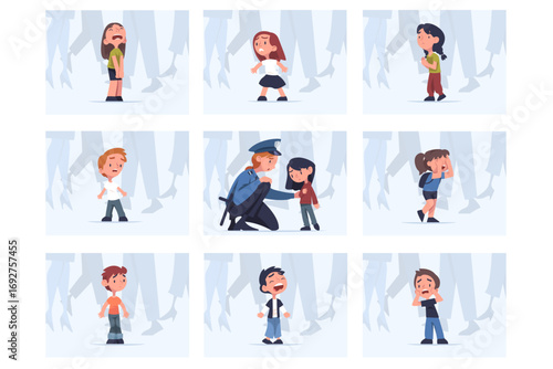Lost Children with Woman Police Officer Vector Set